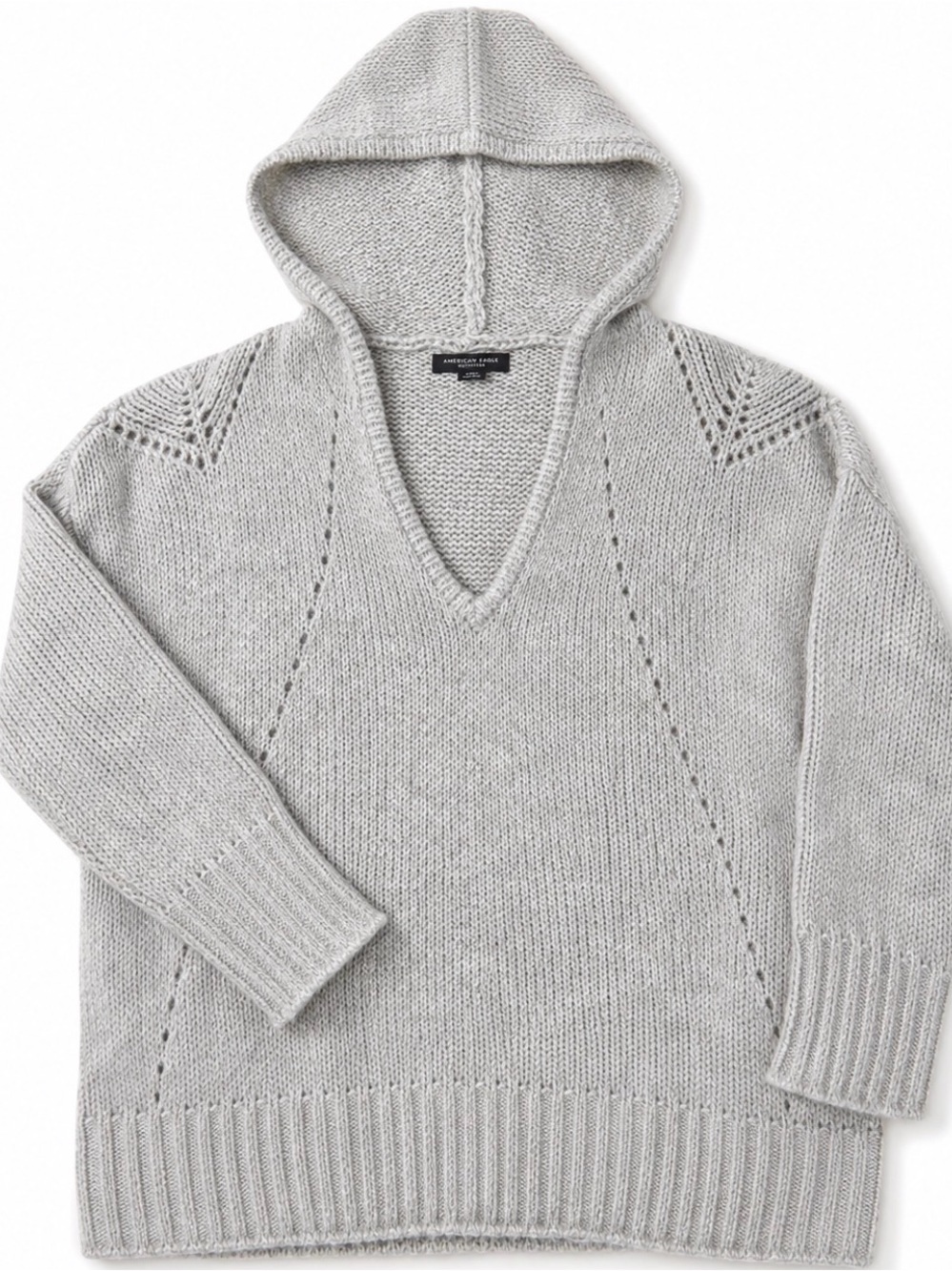 American Eagle Gray Hooded Knit Sweater V-Neck Pullover Open Knit